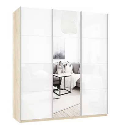 Шкаф-купе трехдверный Прайм 2100 Белое стекло/Зеркало/Белое стекло Дуб сонома_0
