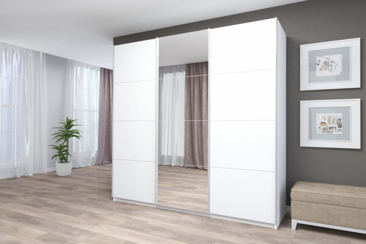 Шкаф-купе трехдверный Прайм 2100 ДСП/Зеркало/ДСП Белый снег_2